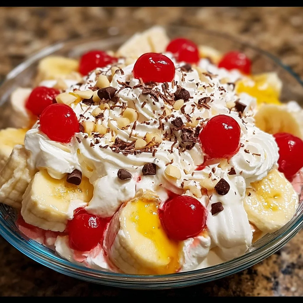 Delicious banana split fluff dessert in a serving bowl