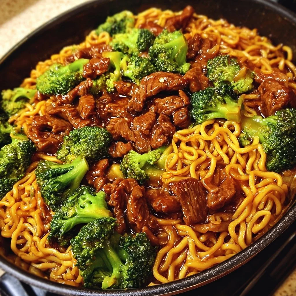 Beef and Broccoli Lo Mein stir-fry with noodles, beef, and broccoli served in a bowl.