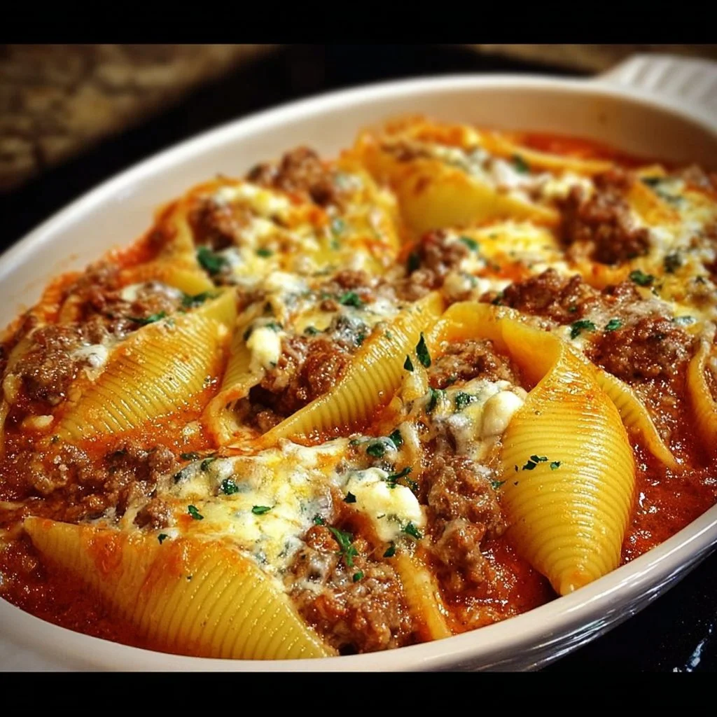 A plate of Beef and Ricotta-Stuffed Shells topped with creamy sauce