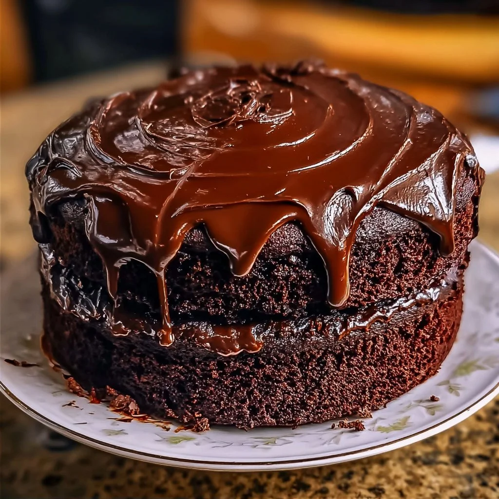 Delicious double chocolate cake with black velvet icing, perfect for celebrations.