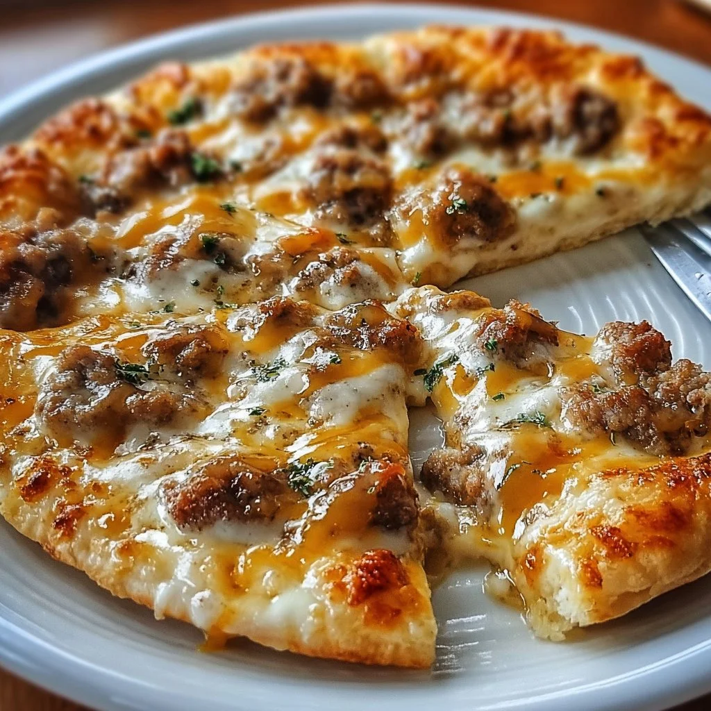 Delicious breakfast pizza topped with biscuits and sausage gravy