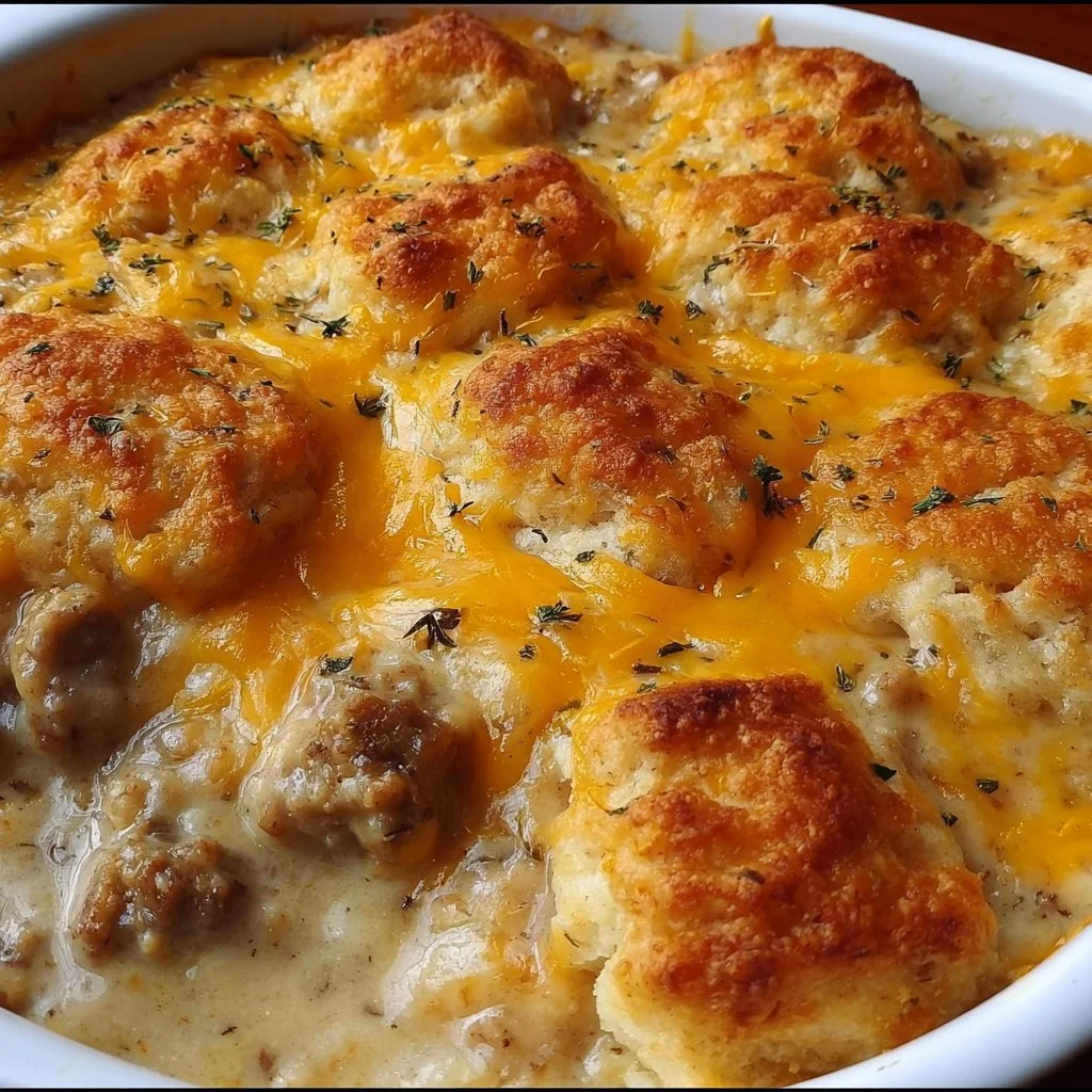 Biscuits and Gravy Hashbrown Casserole topped with creamy gravy and biscuits