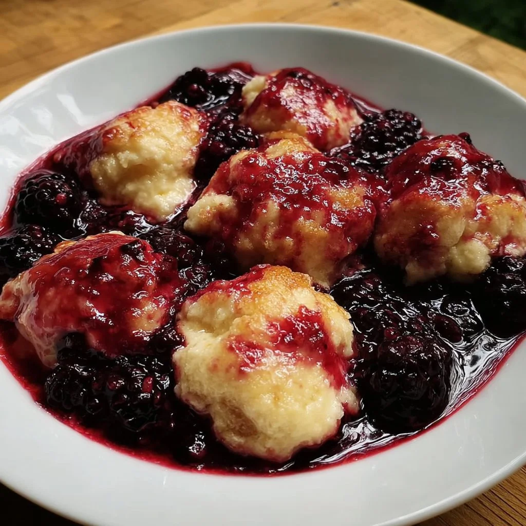 Freshly made blackberry dumplings served with cream