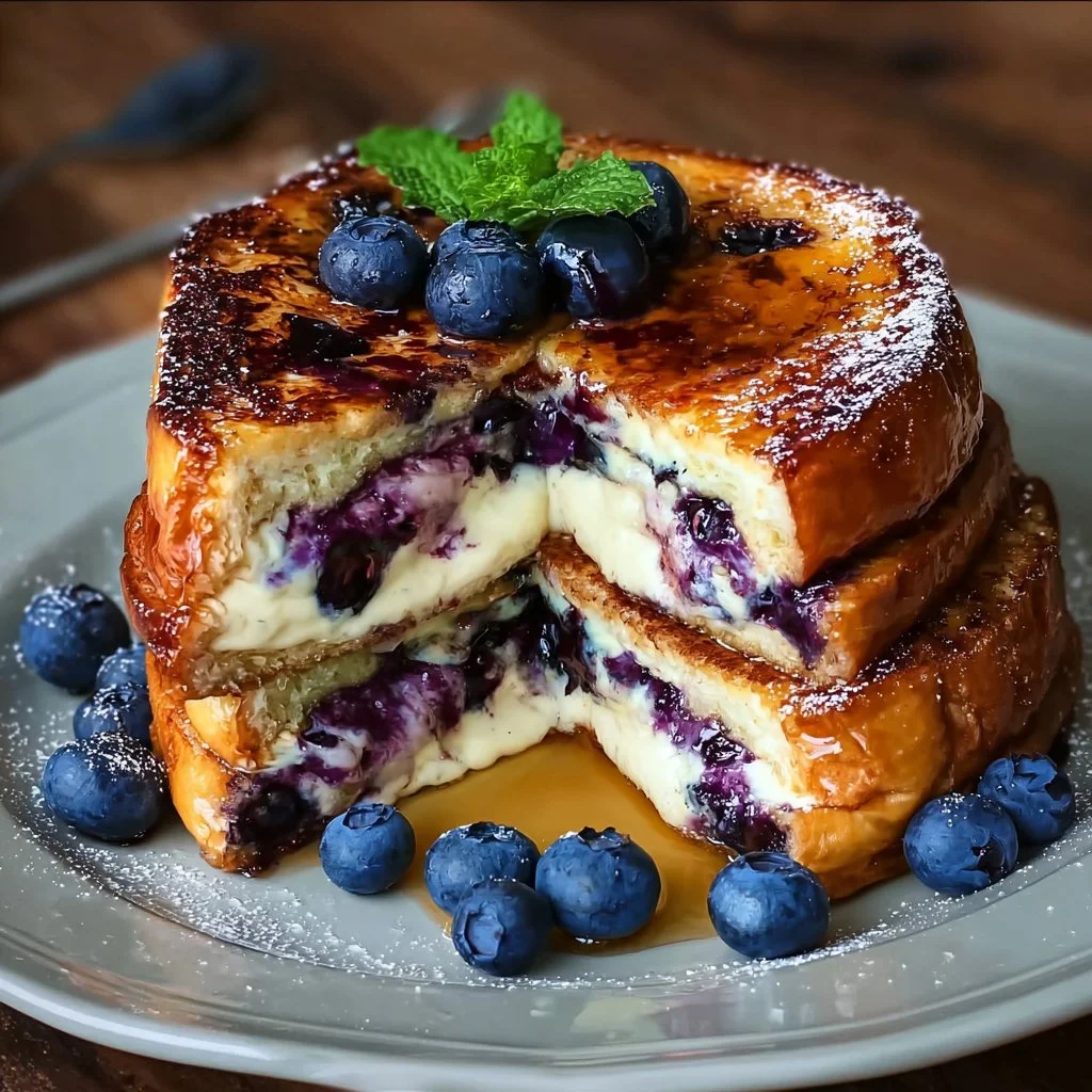 Blueberry cheesecake stuffed French toast drizzled with syrup and fresh blueberries