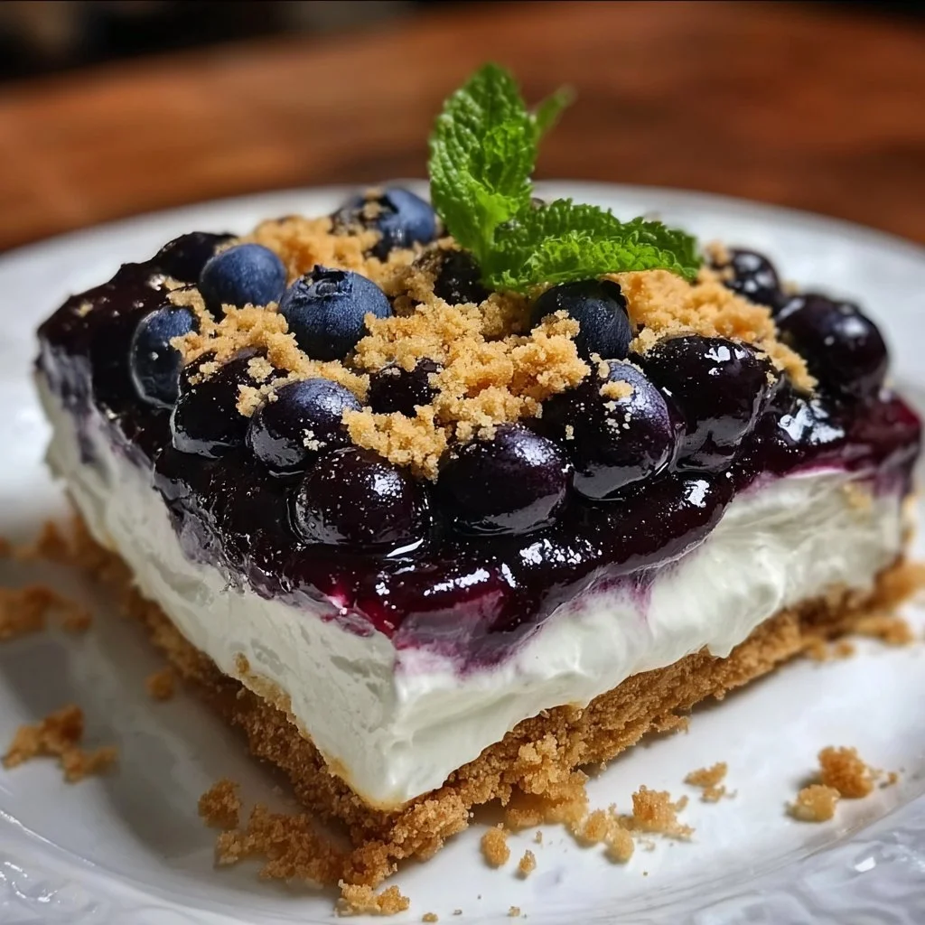 No-bake Blueberry Delight dessert topped with fresh blueberries.