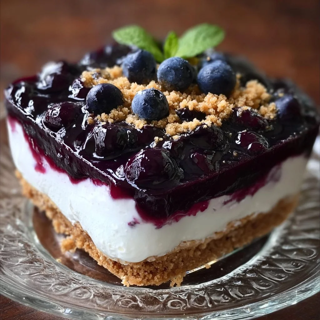 Delicious no-bake blueberry dessert displayed on a white plate