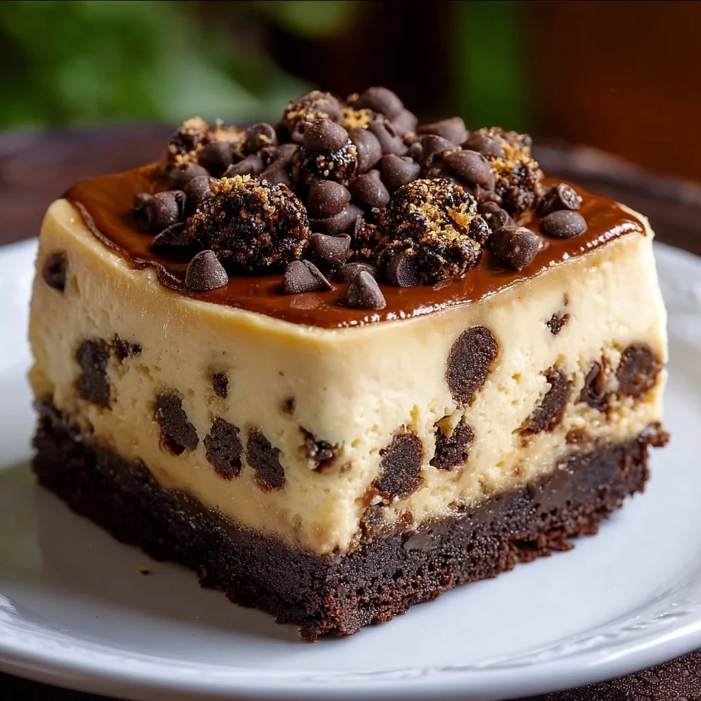 Delicious brownie cheesecake with cookie dough layers ready to serve.