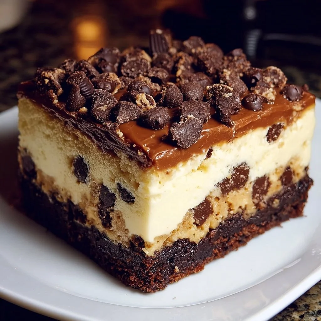 Brownie Layered Cookie Dough Cheesecake with chocolate drizzle and cookie dough bites