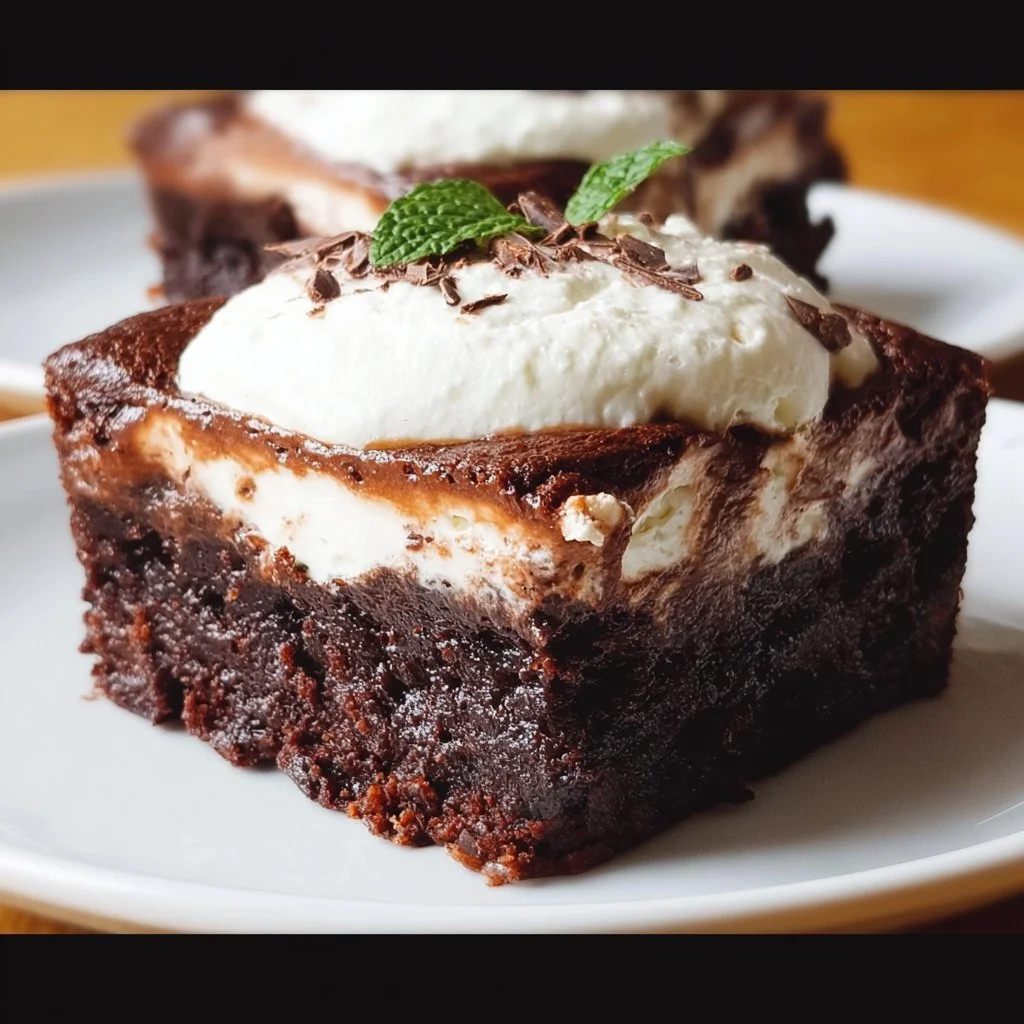 Delicious brownie pudding dessert topped with whipped cream and chocolate sauce