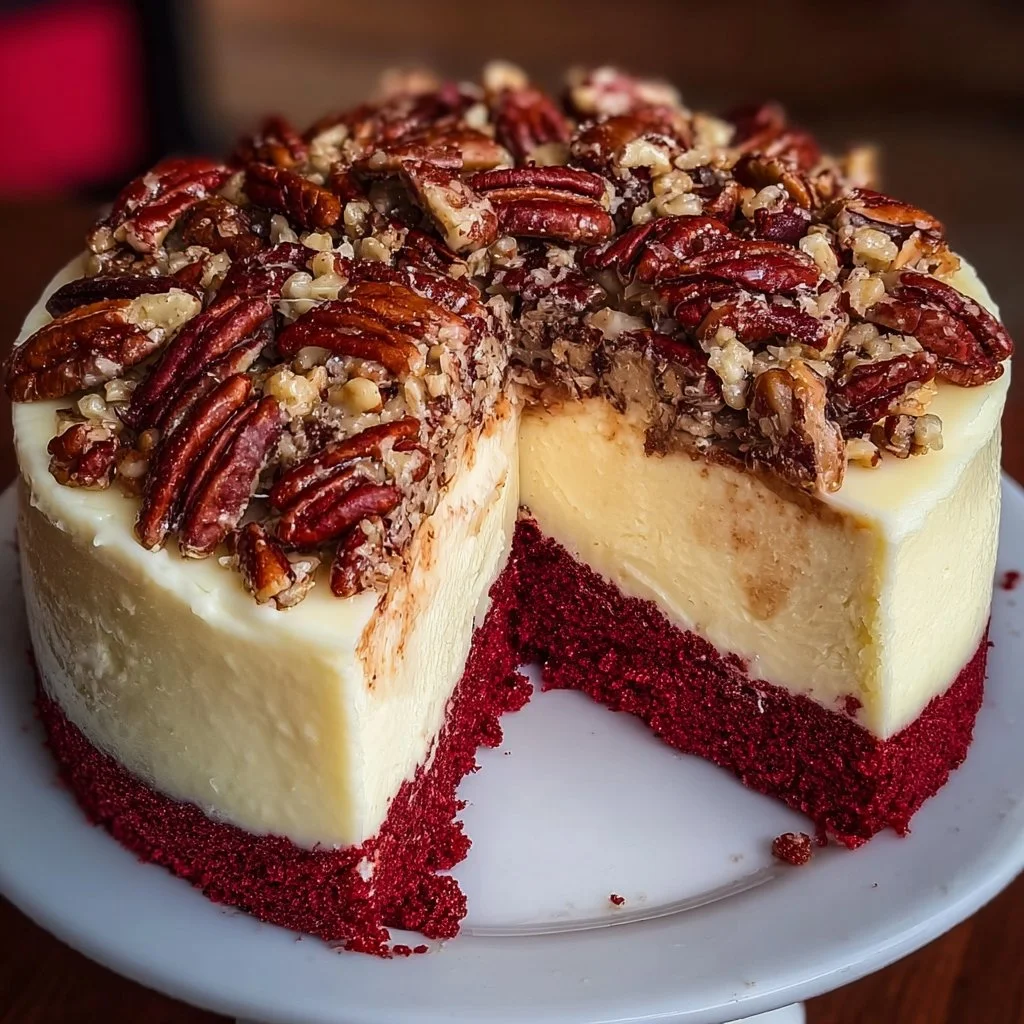Delicious butter pecan red velvet cheesecake topped with caramel and pecans
