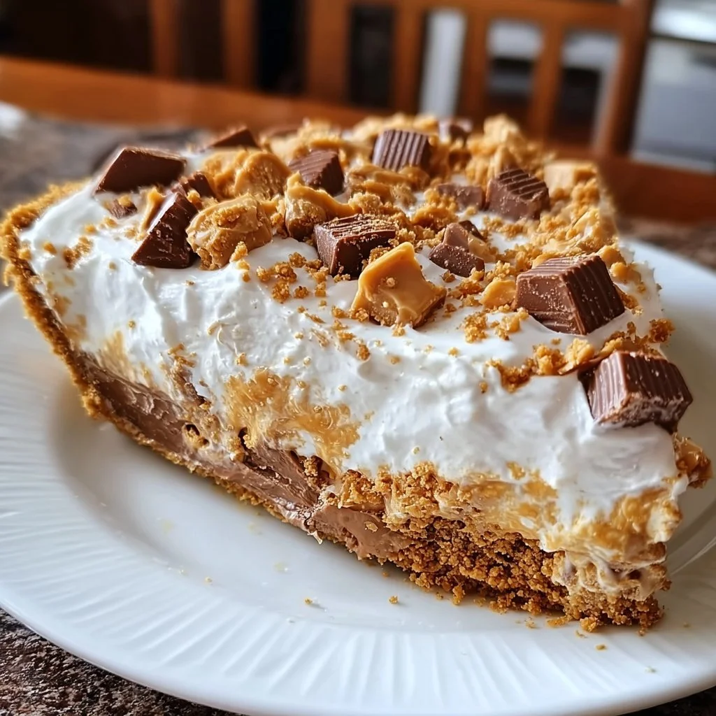 Delicious homemade Butterfinger Pie with chocolate and candy toppings