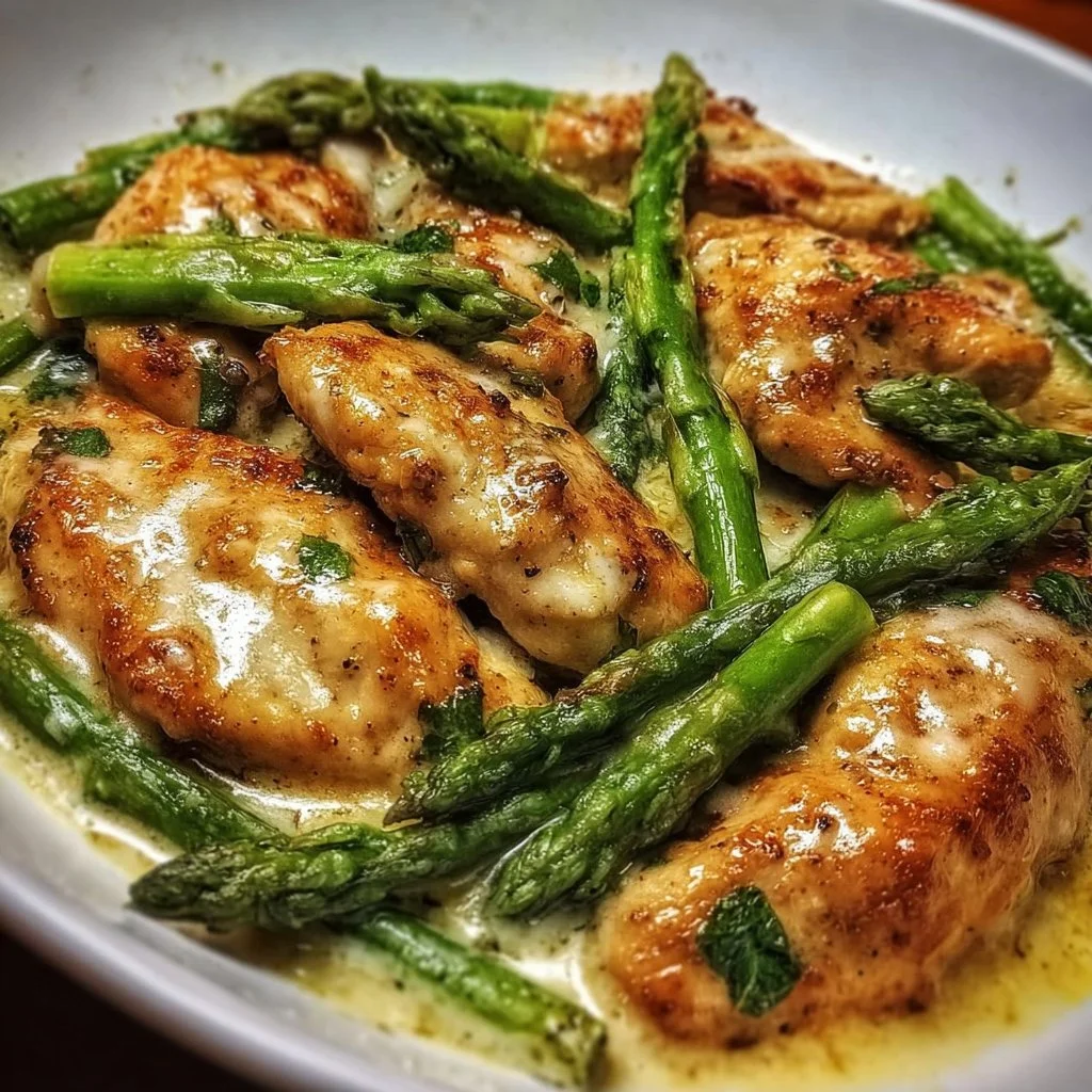 Plate of Caesar Chicken with Asparagus garnished with parmesan cheese.