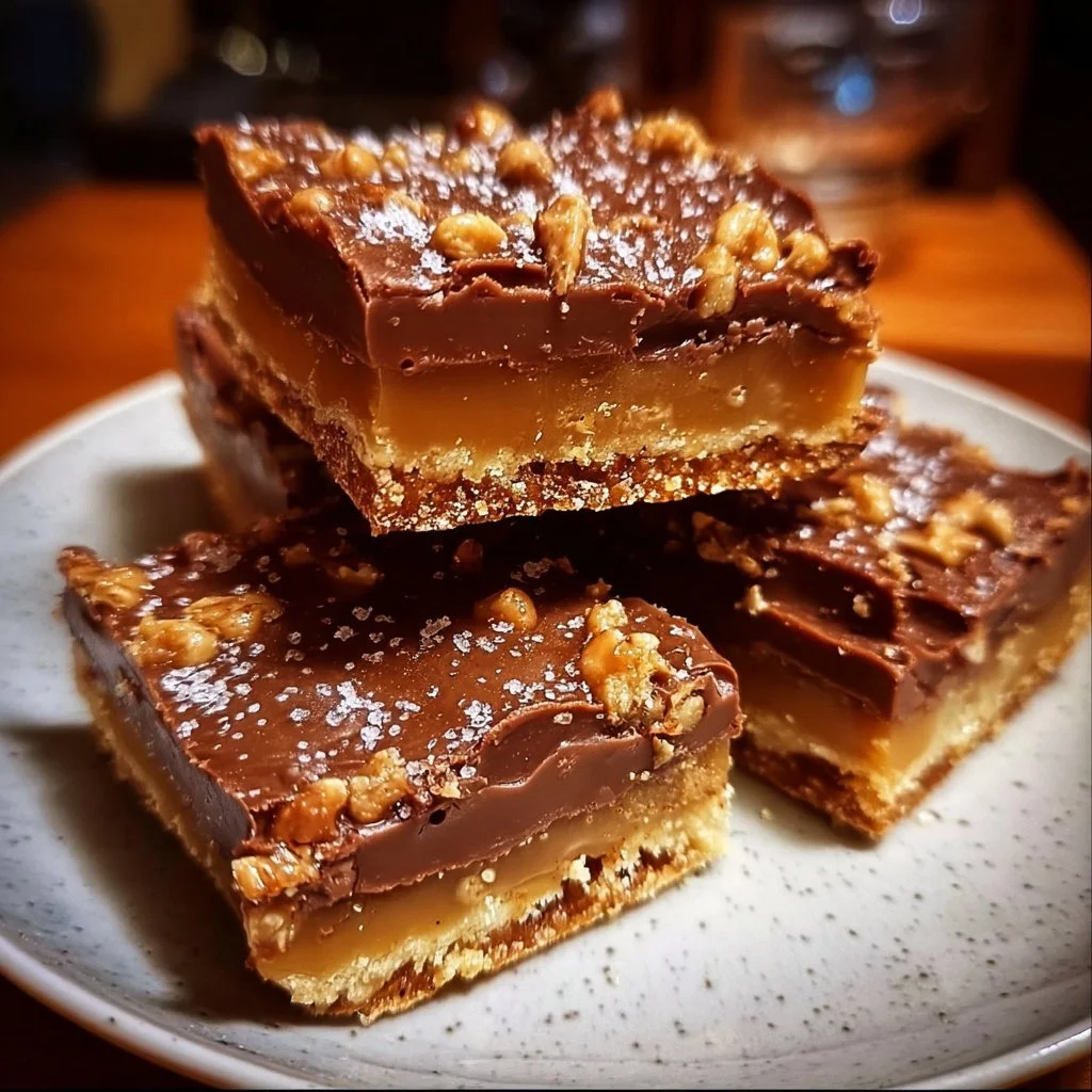 Delicious cake mix toffee bars served on a plate with chocolate drizzle