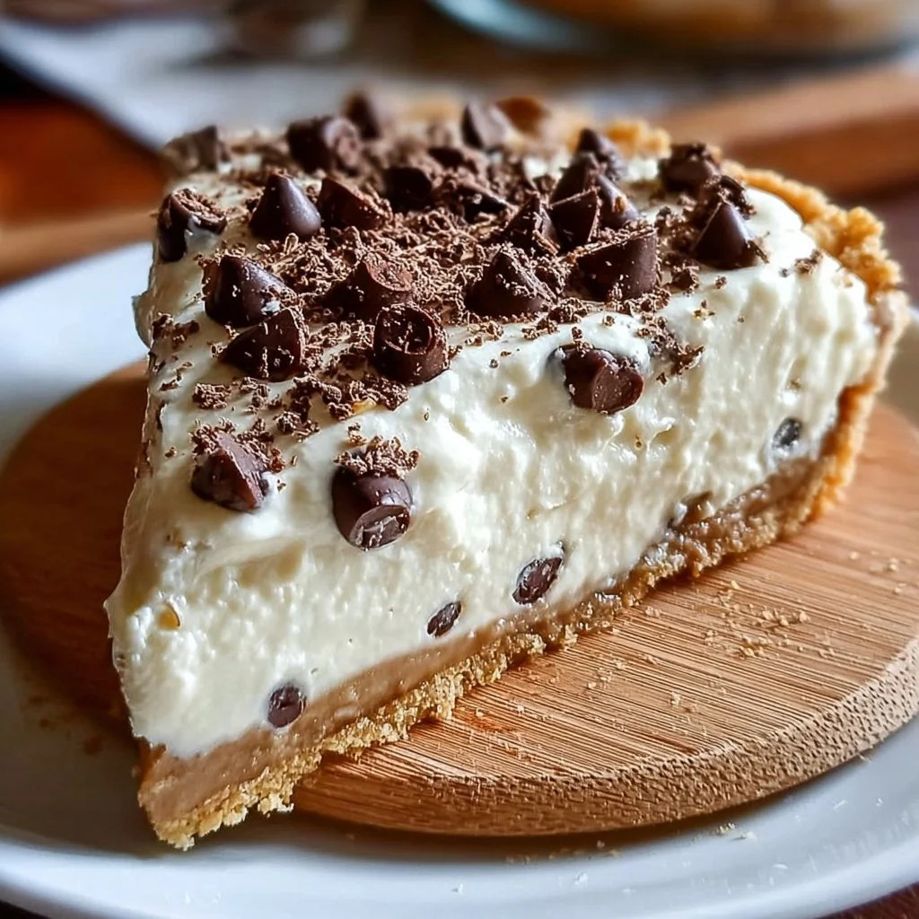 A delicious no-bake Cannoli Cream Pie with a rich cream filling and chocolate chips.