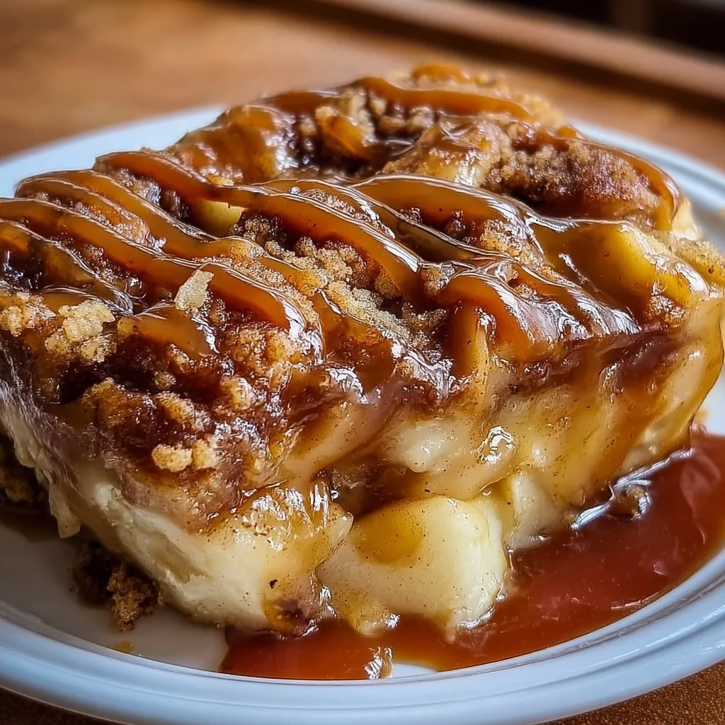 Caramel Apple Cinnamon Roll Dump Cake topped with caramel and apples