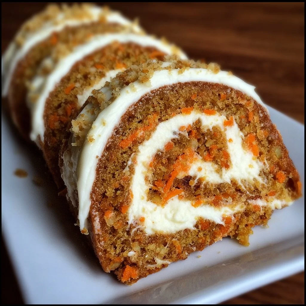 Delicious carrot cake roll with cream cheese frosting filling on a white plate