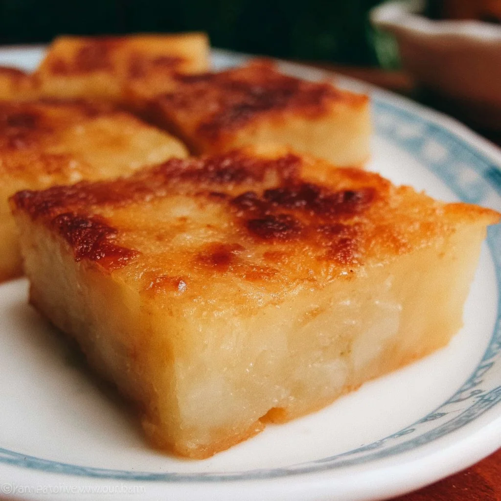 Delicious homemade cassava cake served on a rustic plate.