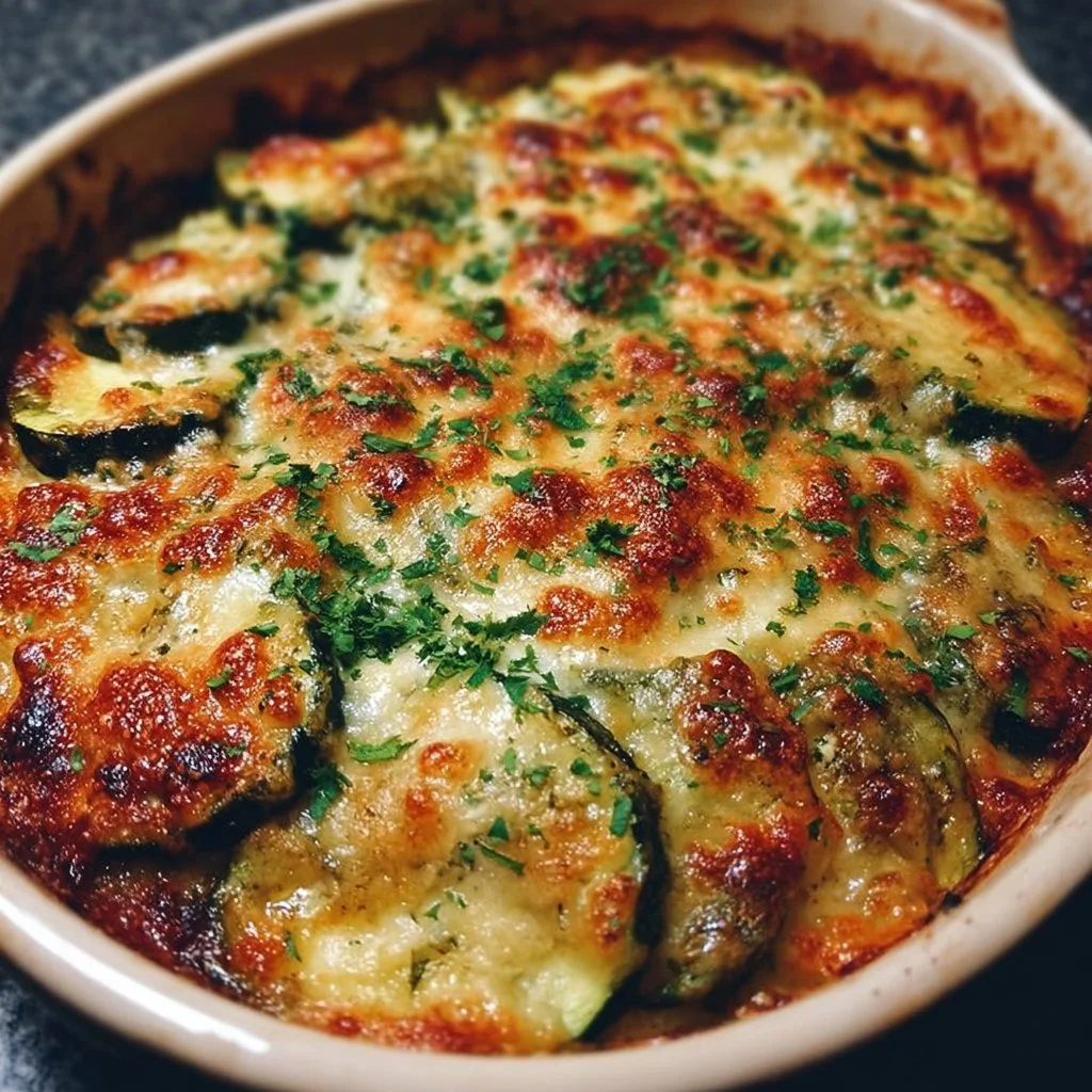 Cheesy baked zucchini served on a plate, garnished and ready to eat.