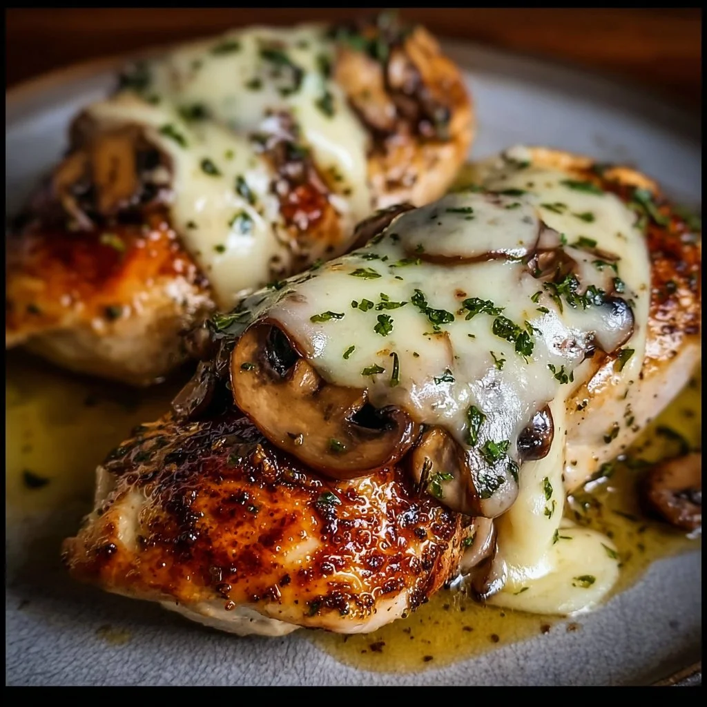 Cheesy garlic butter mushroom stuffed chicken on a plate