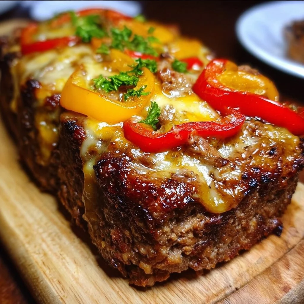 Delicious Cheesy Philly Meatloaf with Steak and Peppers on a plate.