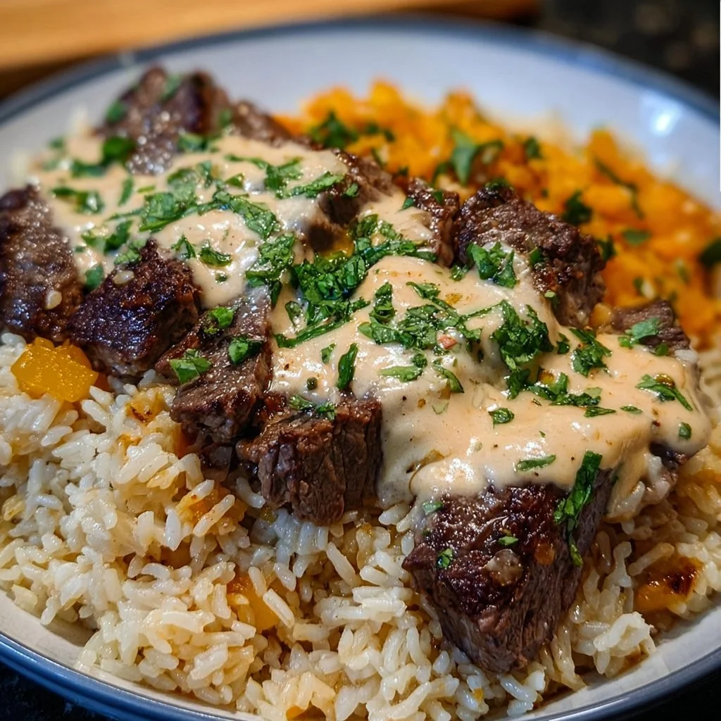 Delicious Cheesy Steak served with flavorful Queso Rice