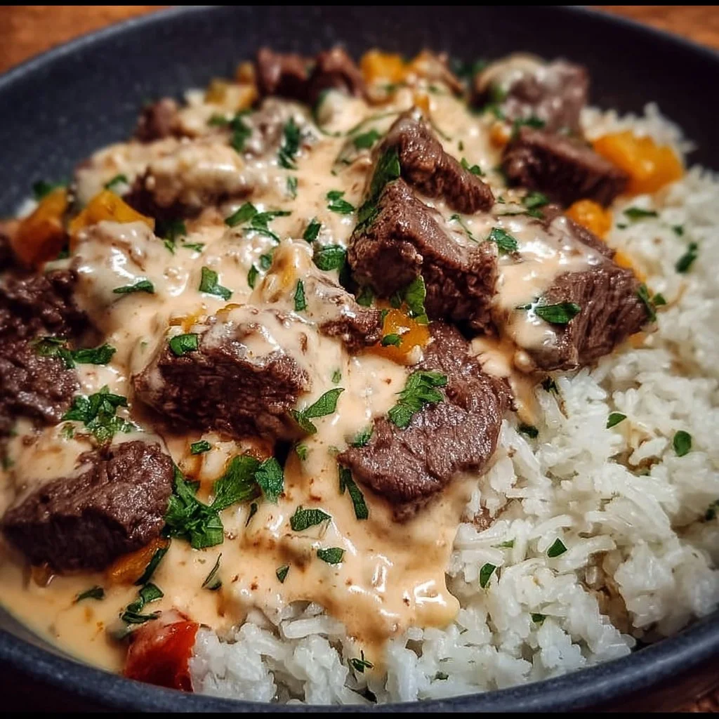 Cheesy steak queso rice dish served in a bowl