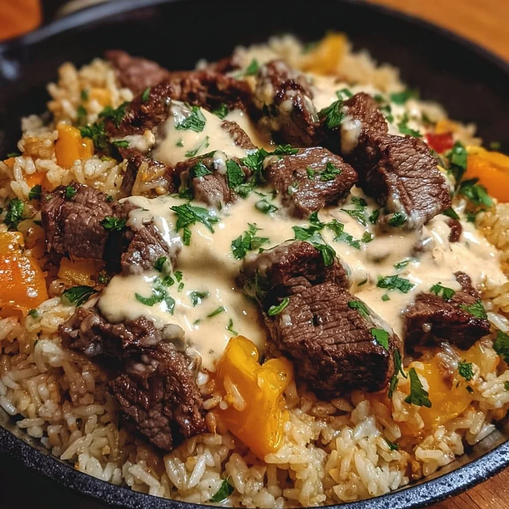 Cheesy Steak Queso Rice topped with fresh ingredients in a bowl