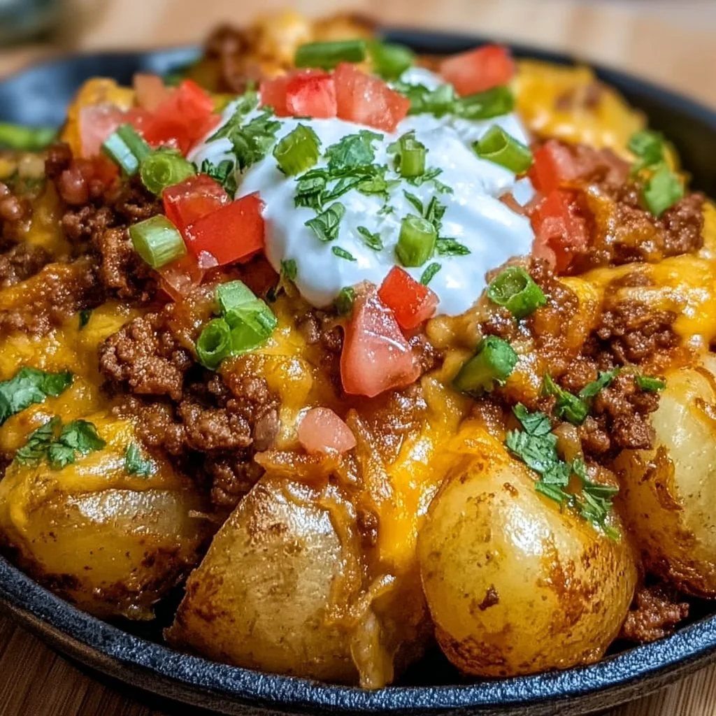Delicious cheesy taco potatoes topped with melted cheese and fresh toppings.