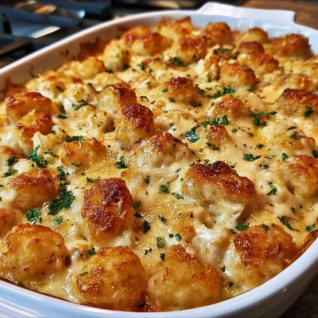 Delicious Chicken Alfredo Tater Tot Casserole with creamy sauce and crispy tots
