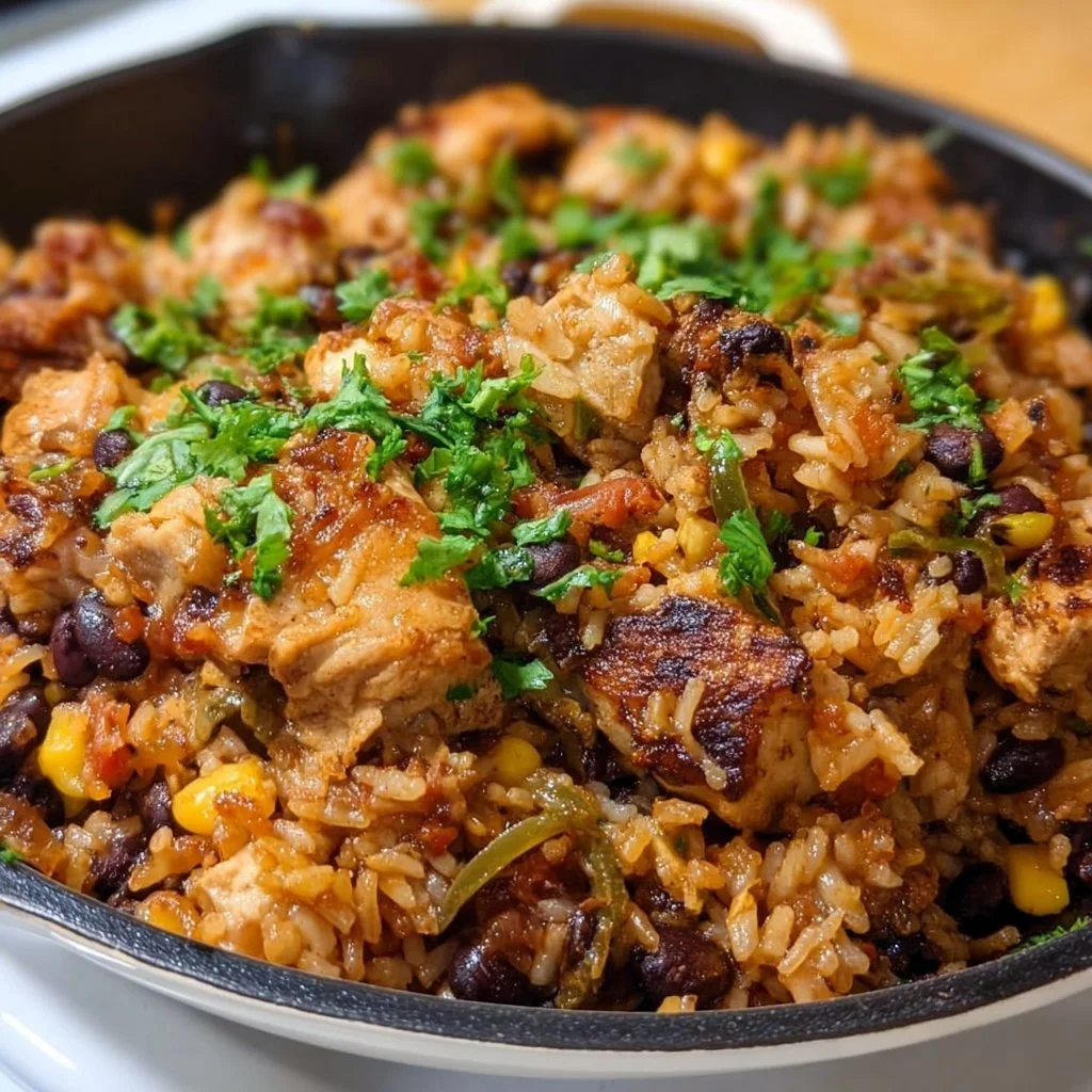 Chicken and black bean rice skillet served in a pan