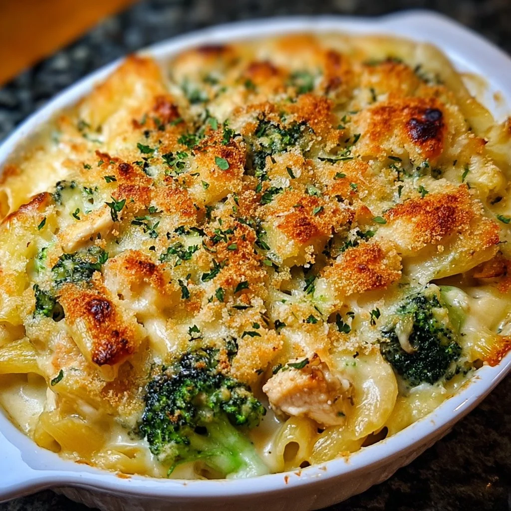 Delicious Chicken Broccoli Alfredo Bake with a crispy topping served in a dish.