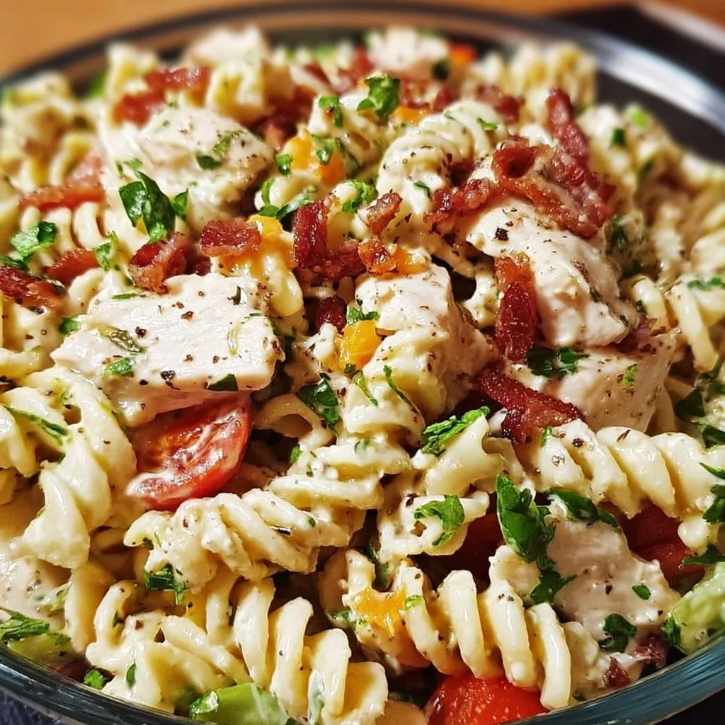 Delicious Chicken Club Pasta Salad with grilled chicken, bacon, and fresh vegetables.