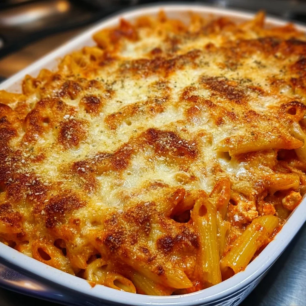Delicious Chicken Parmesan Pasta Bake topped with melty cheese and marinara sauce