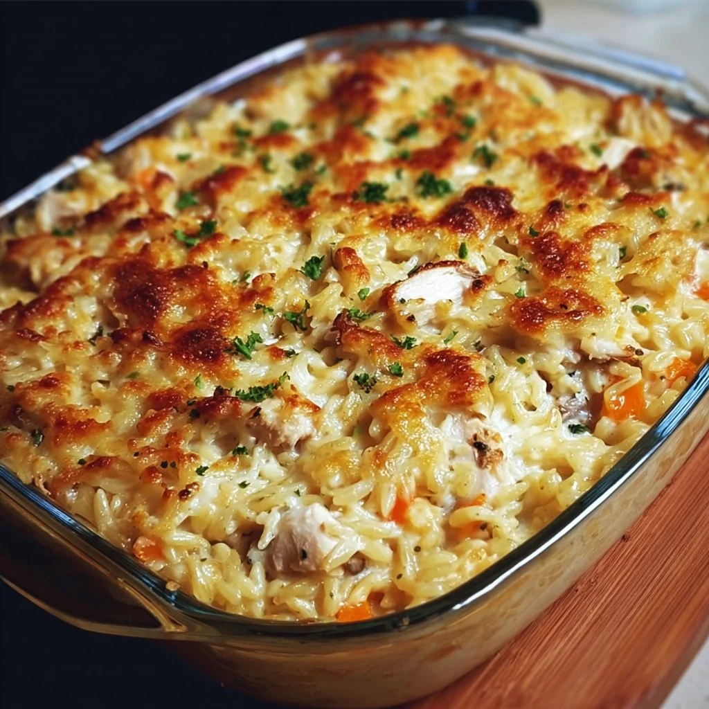 Delicious Chicken Rice-a-Roni Casserole served in a baking dish