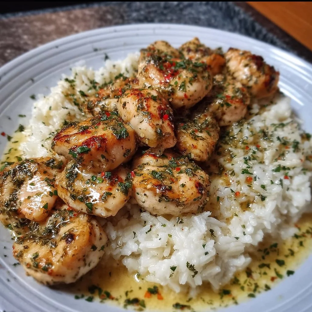 Chicken Scampi served with creamy garlic parmesan rice
