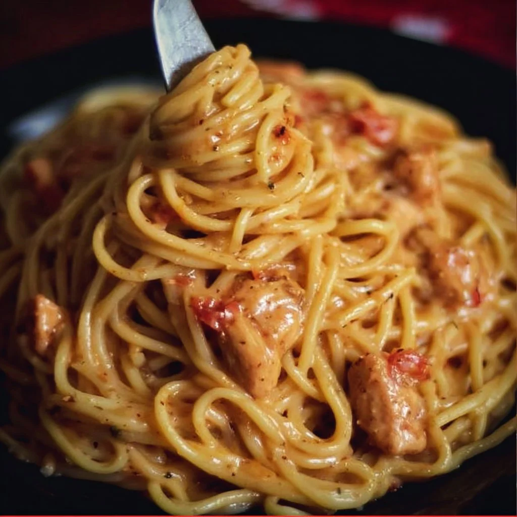 Delicious Chicken Spaghetti dish served with herbs and cheese