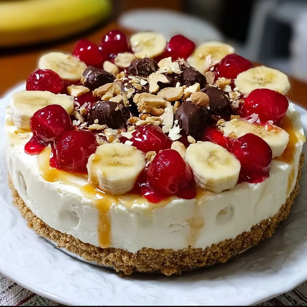 Chilled banana split cheesecake with layers of fruit and whipped cream