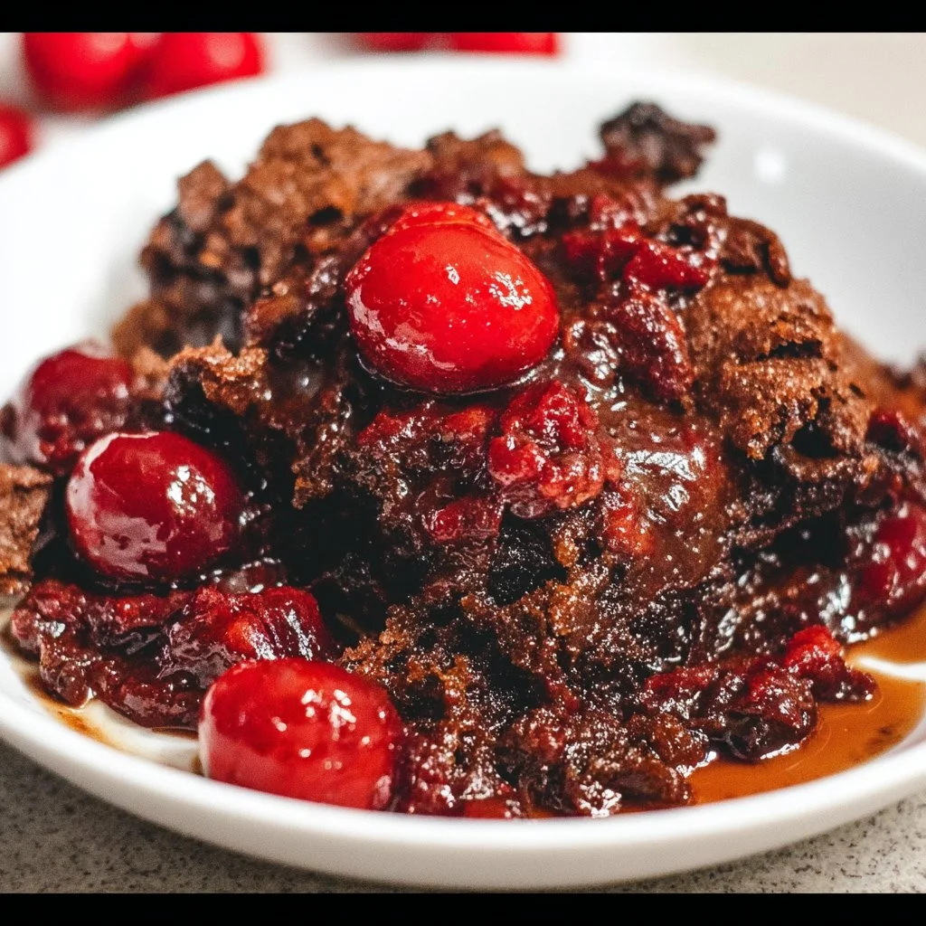Delicious Chocolate Cherry Dump Cake served warm with a cherry topping.