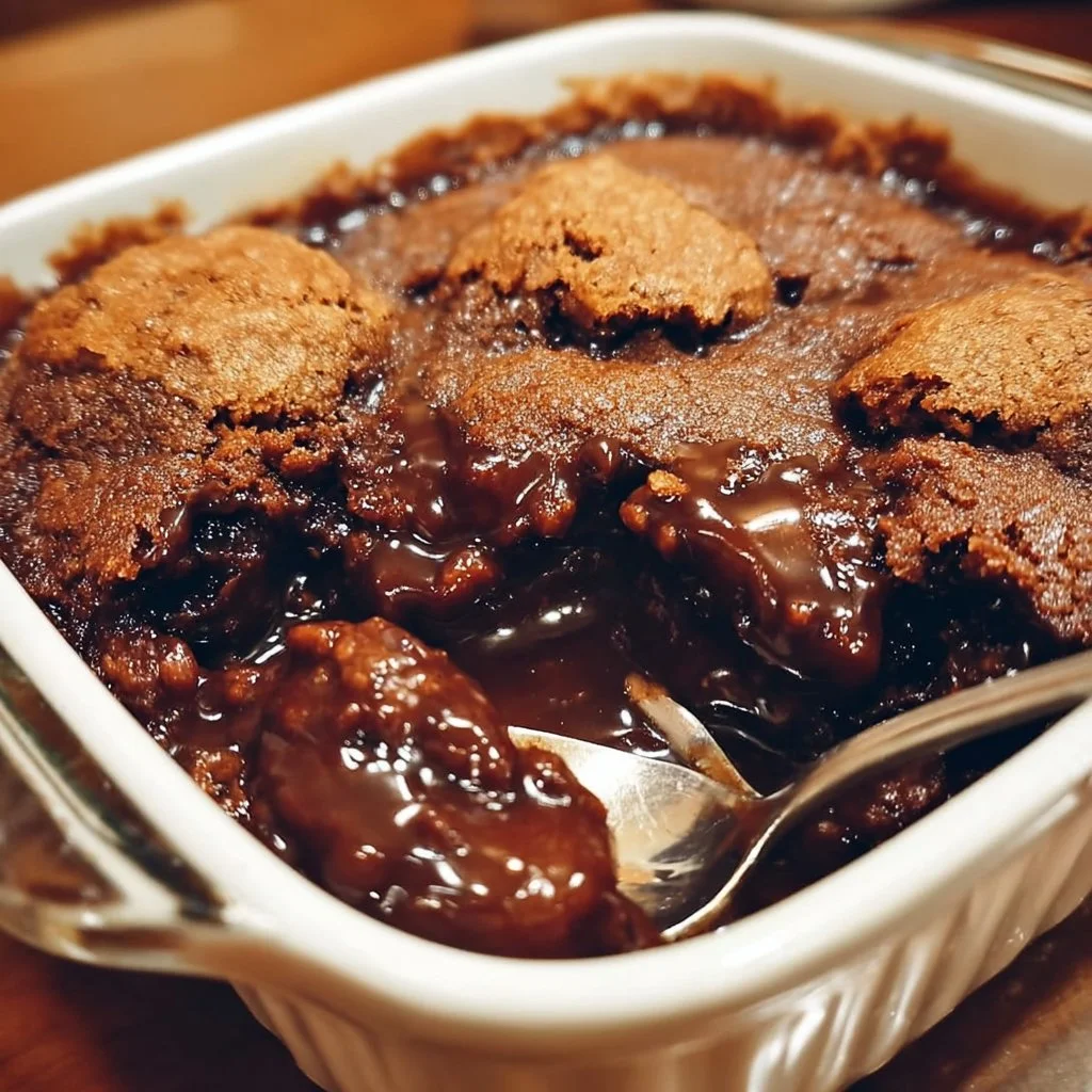 Deliciously gooey chocolate cobbler served on a plate with ice cream.