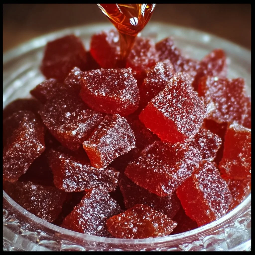 Close-up of colorful Cinnamon Rock Candy pieces on a wooden surface.
