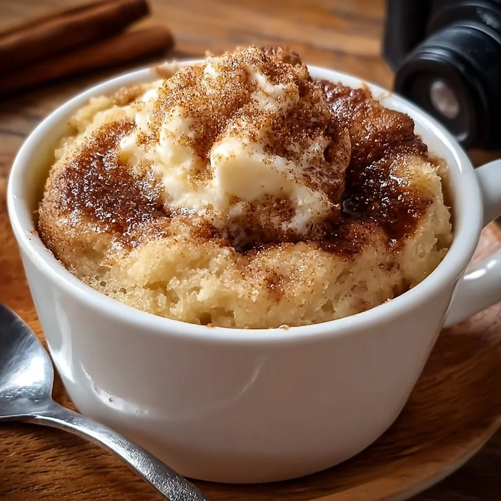 Cinnamon roll mug cake topped with icing served in a white mug