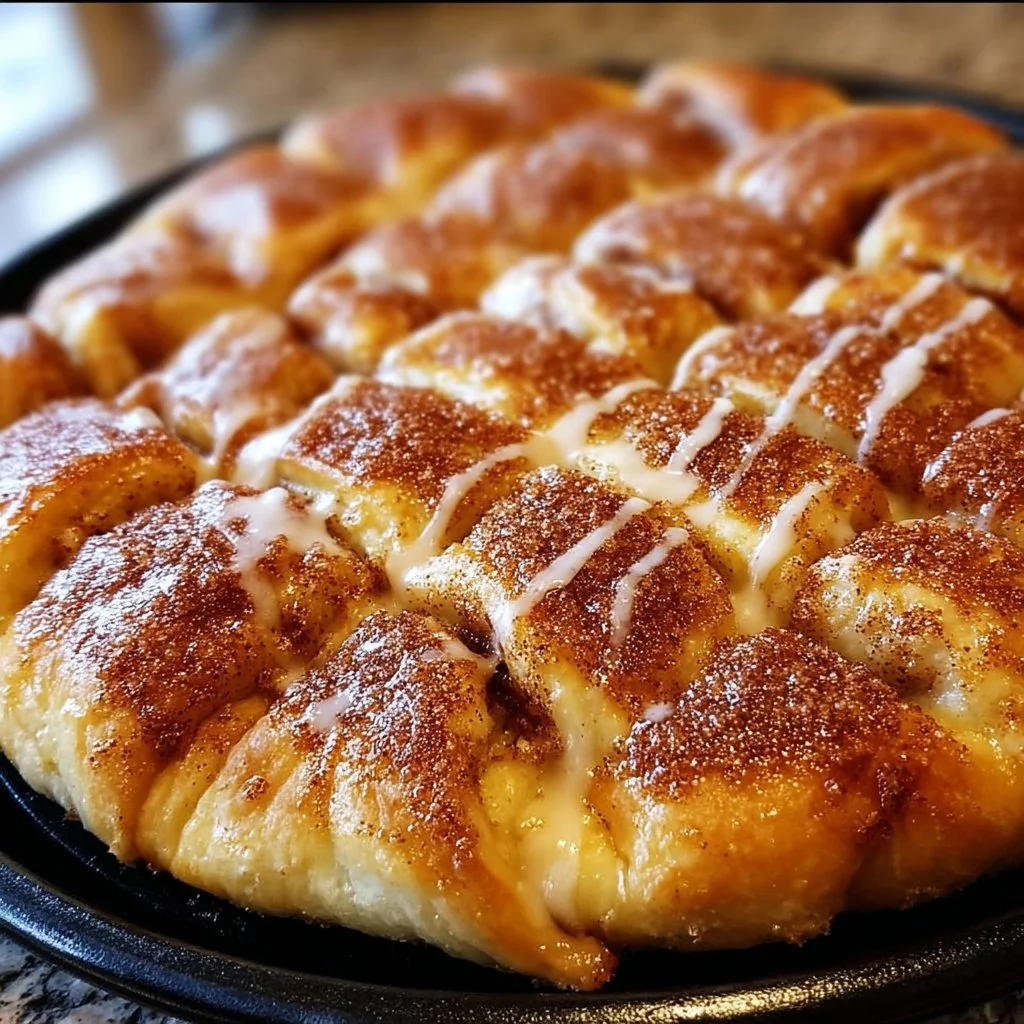 Delicious Cinnamon Sugar Crescent Roll Pizza with a sweet glaze and crispy edges