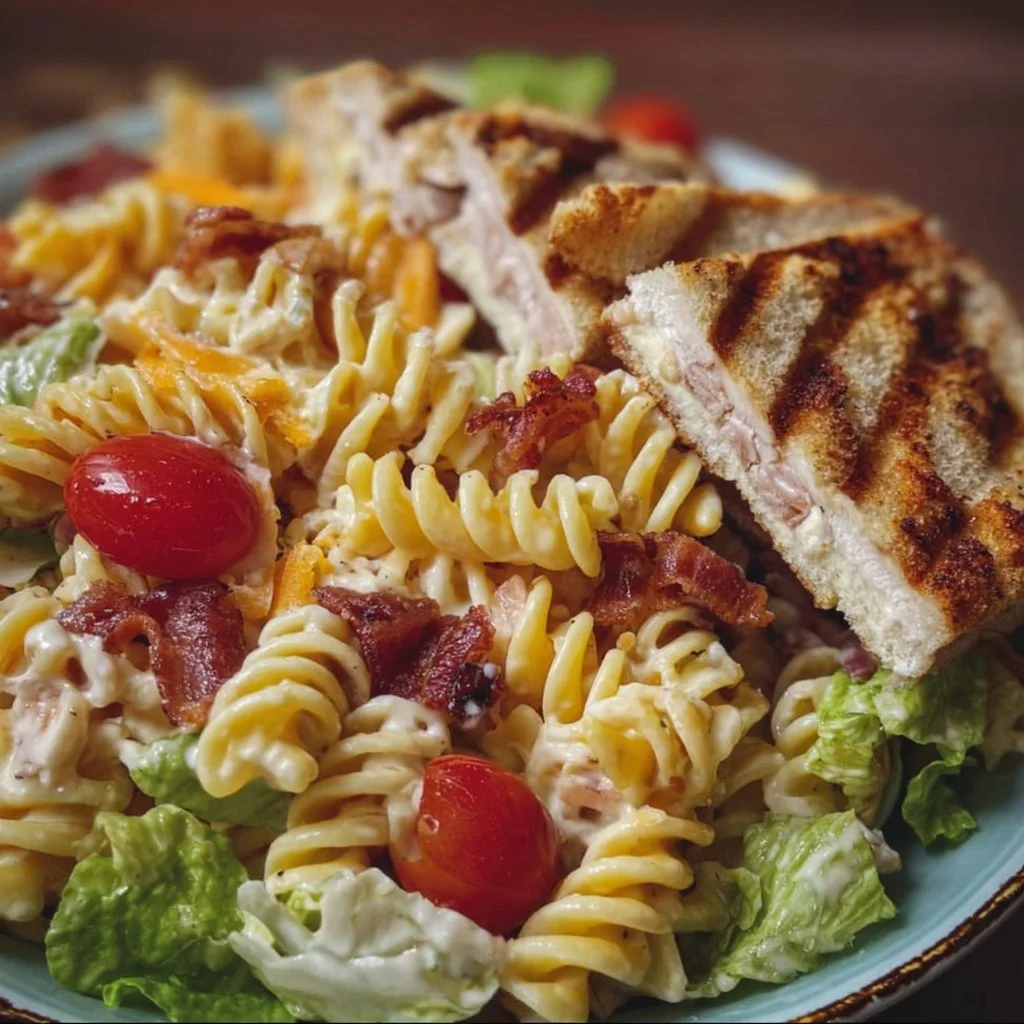 Deliciously plated Club Sandwich Pasta Bowl with bacon, lettuce, and tomatoes