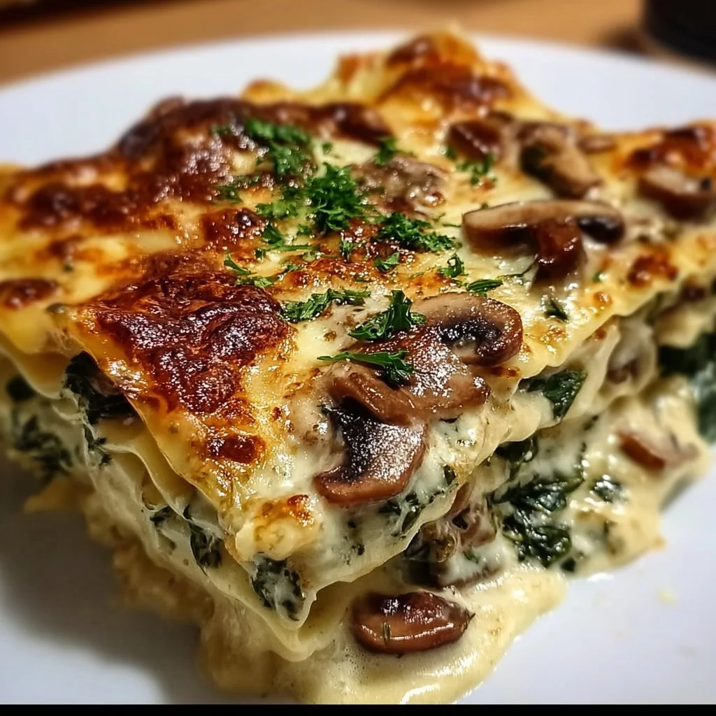 Delicious spinach mushroom lasagna with creamy sauce in a baking dish