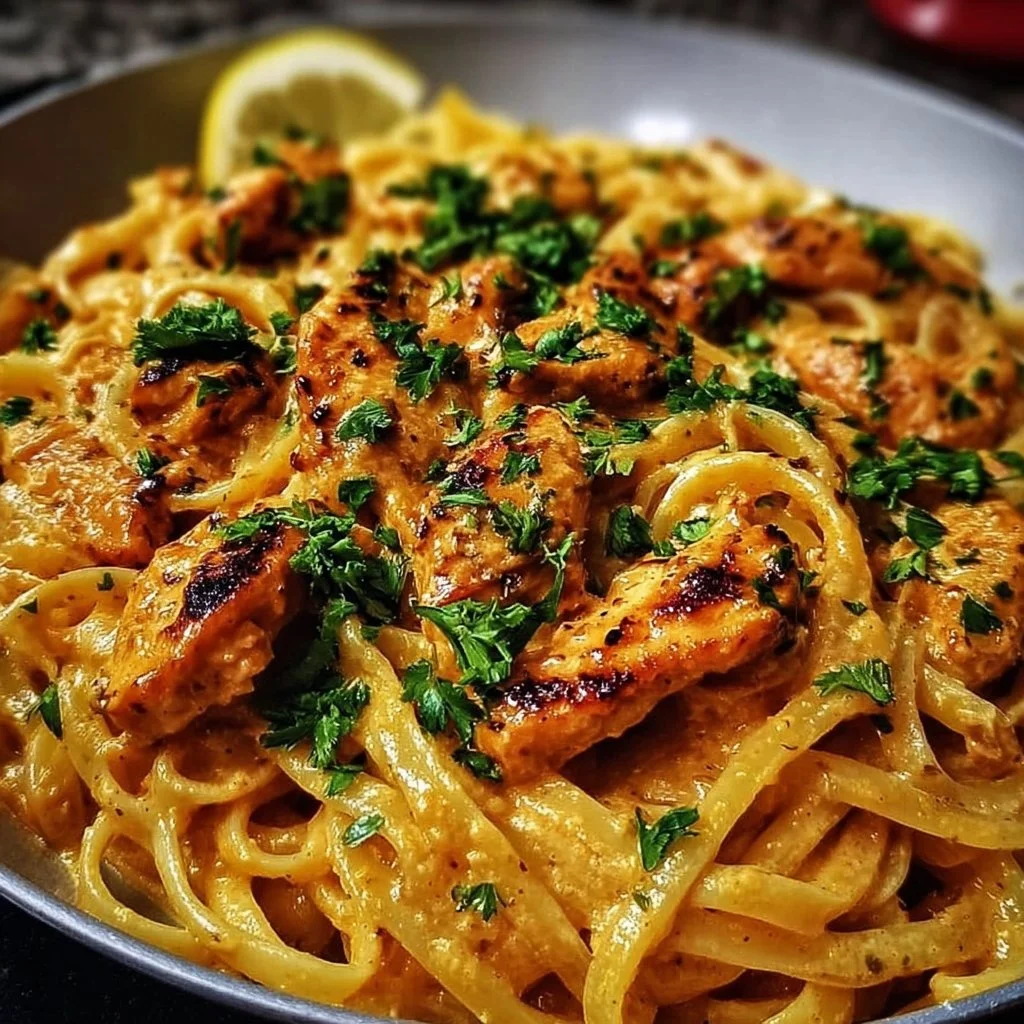 Delicious Cowboy Butter Chicken Linguine served in a bowl with herbs and spices.