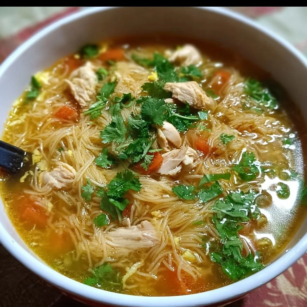 Bowl of cozy Chicken Vermicelli Soup with herbs and vegetables