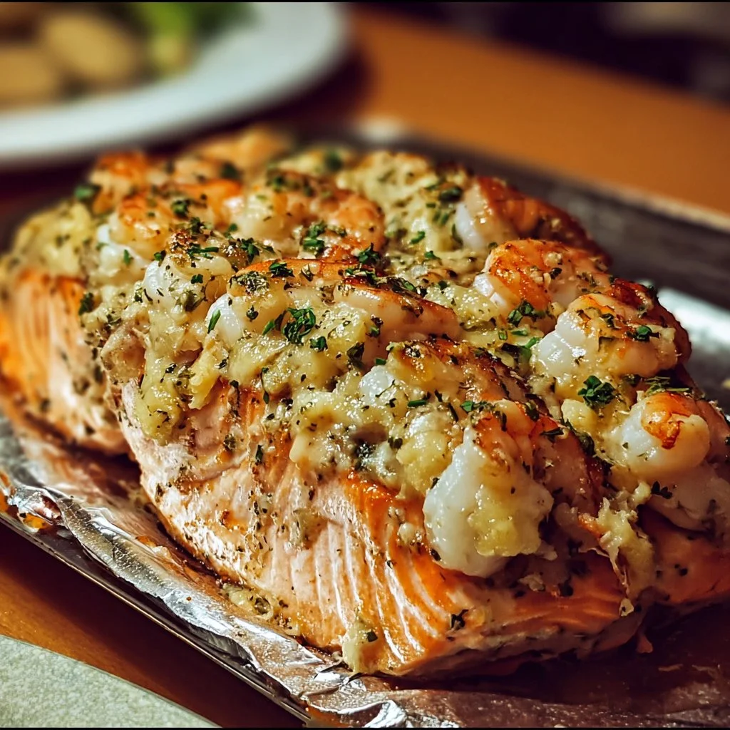 Crab and shrimp stuffed salmon served on a plate with garnish
