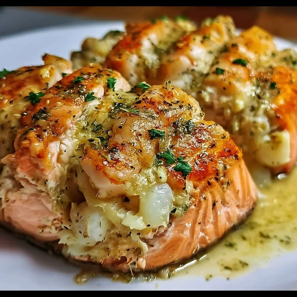 Crab and shrimp stuffed salmon garnished with herbs on a plate