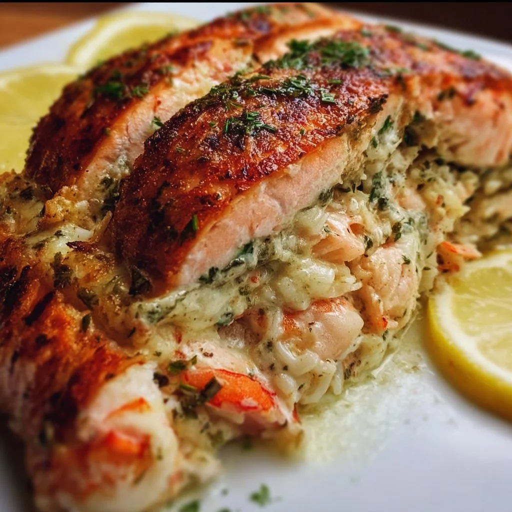Delicious crab and shrimp stuffed salmon on a plate garnished with herbs