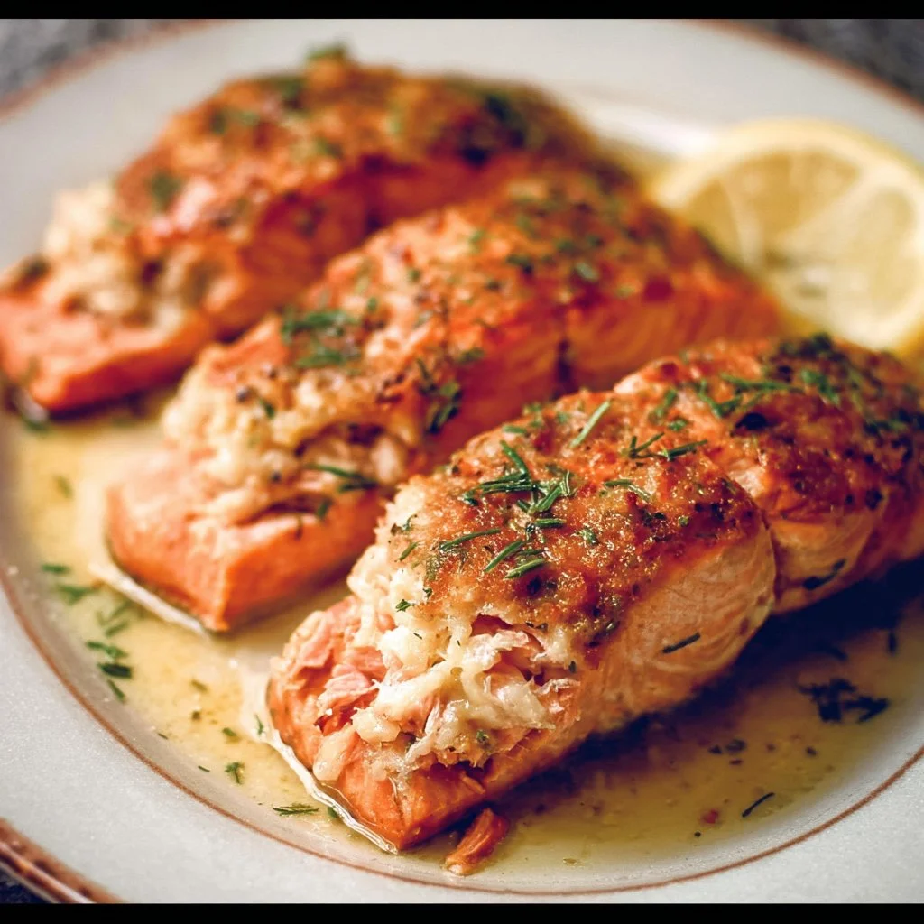 Delicious crab stuffed salmon ready to serve, garnished with herbs.